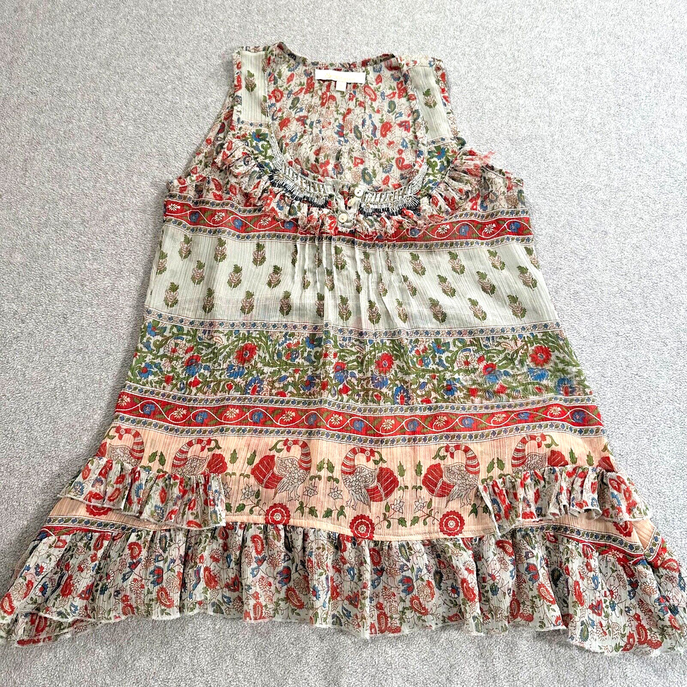 Solitaire Sheer Ruffle Boho Tunic Tank Top Women's Small Beaded Paisley